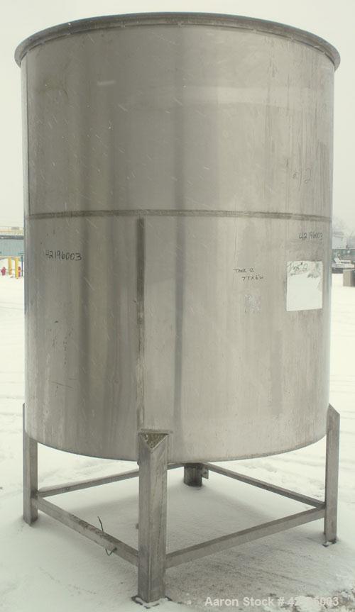 Used Indian Tuff-Tank Tank, 1480 Gallon, 316 Stainless Steel. 72" diameter x 84" straight side, flat top with hinged cover and slight cone bottom. Provision for a clamp on agitator. 2 1/2" NPT center...