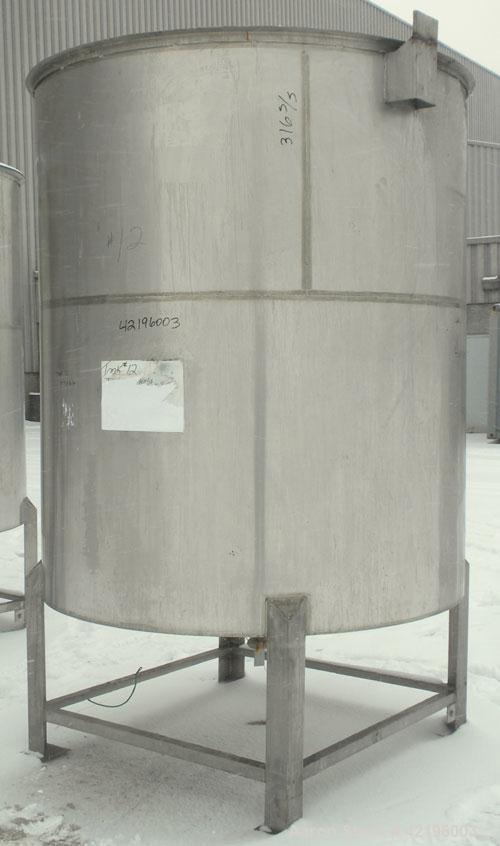 Used Indian Tuff-Tank Tank, 1480 Gallon, 316 Stainless Steel. 72" diameter x 84" straight side, flat top with hinged cover and slight cone bottom. Provision for a clamp on agitator. 2 1/2" NPT center...