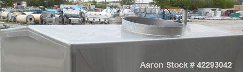 Used Rectangular Tank, 1500 Gallon, 316 Stainless Steel, Vertical. Approximately 76" long x 48" wide x 94" tall. Gabled top, flat bottom. Openings: top (2) 1-1/2" NPT, 3-1/2" threaded, (2) 2" tri-cla...