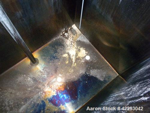 Used Rectangular Tank, 1500 Gallon, 316 Stainless Steel, Vertical. Approximately 76" long x 48" wide x 94" tall. Gabled top, flat bottom. Openings: top (2) 1-1/2" NPT, 3-1/2" threaded, (2) 2" tri-cla...