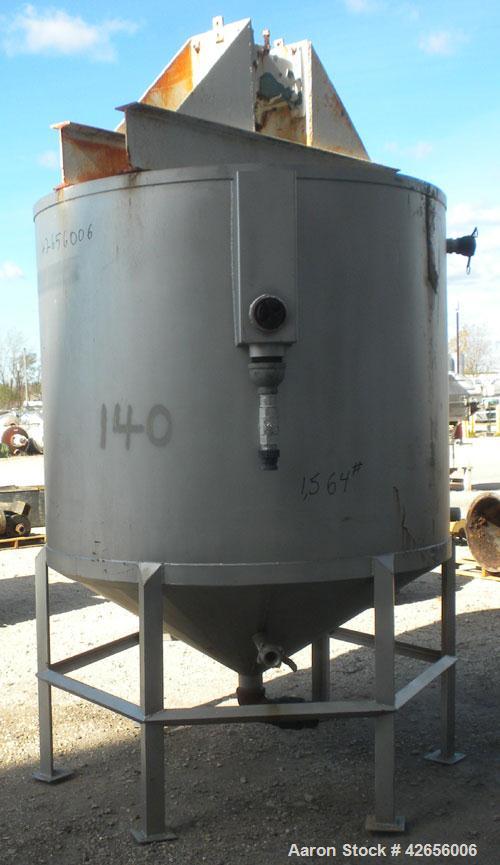 Used Tank, 1100 Gallon, 304 Stainless Steel, Vertical. 72" Diameter x 62" straight side x 42" coned bottom, open top with no covers. Carbon steel agitator bridge, approximate 2" diameter carbon steel...