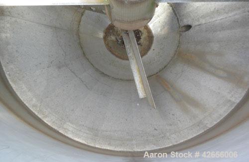 Used Tank, 1100 Gallon, 304 Stainless Steel, Vertical. 72" Diameter x 62" straight side x 42" coned bottom, open top with no covers. Carbon steel agitator bridge, approximate 2" diameter carbon steel...