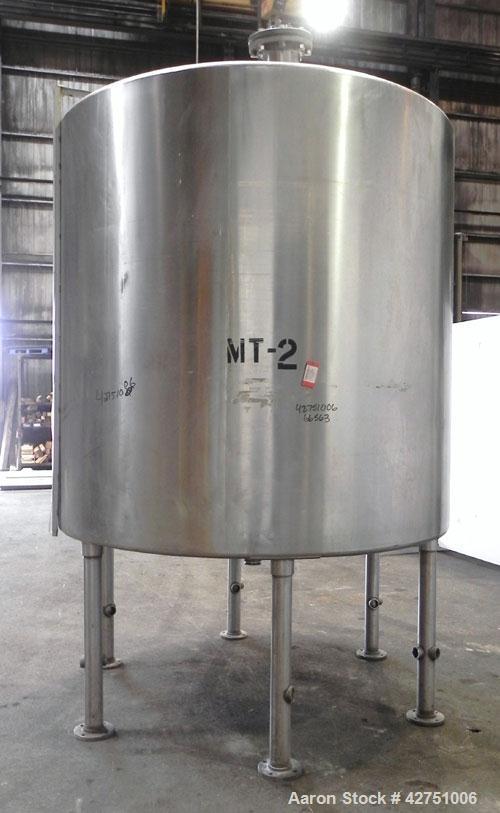 Used Tank, 2000 Gallon, Stainless Steel, Vertical. 84" Diameter x 80" straight side. Dished top, coned bottom. Off center top entering Lightnin agitator, model XJC-117. 1-1/2" Diameter shaft with (2)...