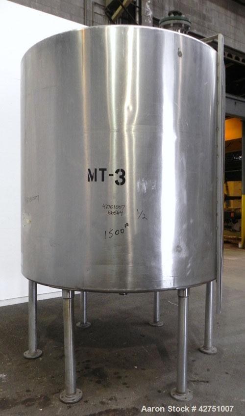 Used Tank, 2000 Gallon, 304 Stainless Steel, Vertical. 84" Diameter x 80" straight side. Dished top, coned bottom. Off center top entering Lightnin air operated agitator, model XJAC-100. 1-1/2" Diame...