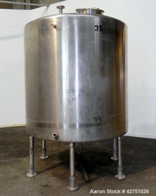 Used Tank, 2000 Gallon, 304 Stainless Steel Vertical. 84" Diameter x 80" straight side. Dished top, coned bottom. Openings top (2) 2", 4", 6", 18" man way with cover, side 2". 3" Threaded center bott...