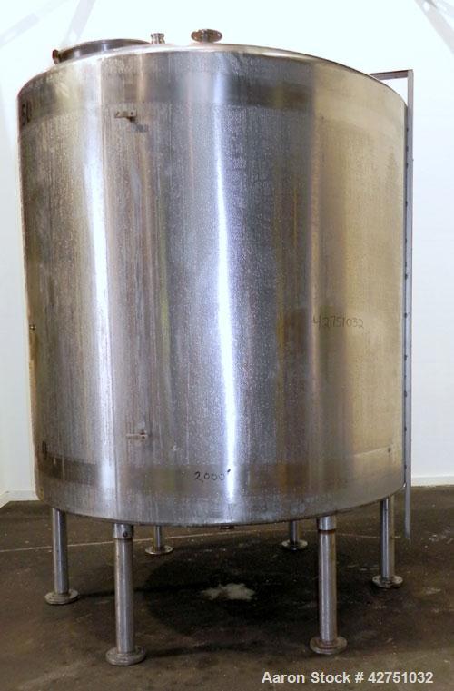 Used Tank, 2000 Gallon, 304 Stainless Steel Vertical. 84" Diameter x 80" straight side. Dished top, coned bottom. Openings top (2) 2", 4", 6", 18" man way with cover, side 2". 3" Threaded center bott...