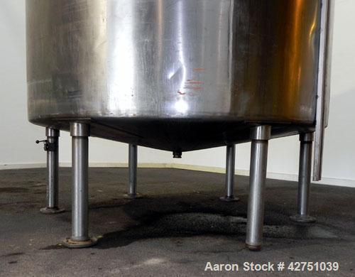 Used Tank, 2000 Gallon, 304 Stainless Steel Vertical. 84" Diameter x 80" straight side. Dished top, coned bottom. Openings top 2", 6", 18" man way with cover. 3" Tri-clamp center bottom outlet. Mount...