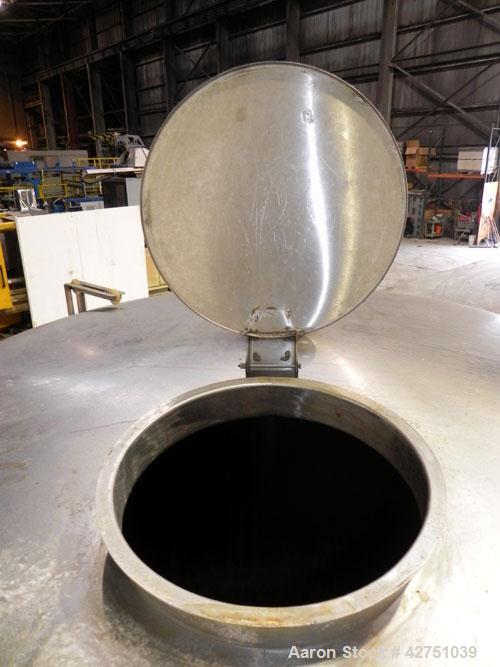 Used Tank, 2000 Gallon, 304 Stainless Steel Vertical. 84" Diameter x 80" straight side. Dished top, coned bottom. Openings top 2", 6", 18" man way with cover. 3" Tri-clamp center bottom outlet. Mount...