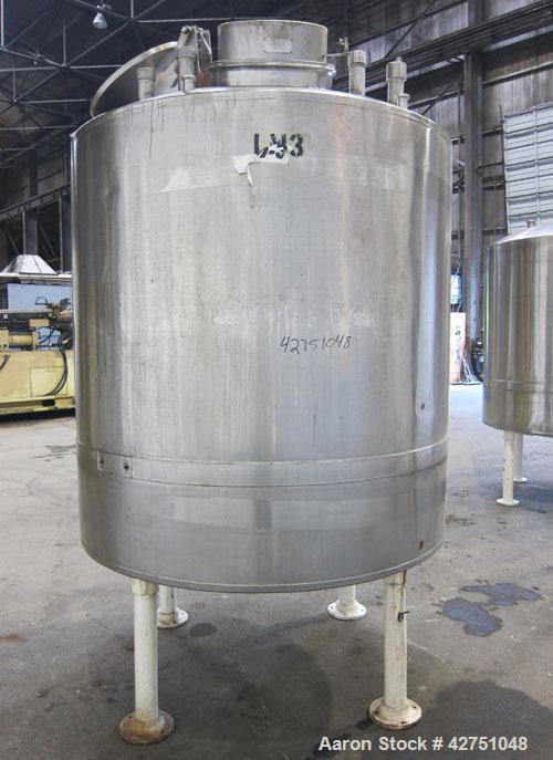 Used Tank, 1000 Gallon, 304 Stainless Steel, Vertical. 66" Diameter x 64" straight side, dished top, coned bottom. Off center top entering Lightnin agitator model N33G-75. 1-1/2" Diameter shaft with ...