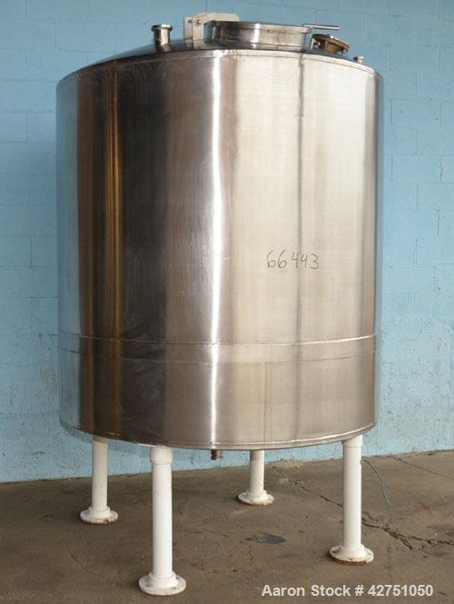 Used Tank, 1000 Gallon, Stainless Steel, Vertical. 66" Diameter x 66" straight side, dished top, coned bottom. Openings top 1-1/2", (2) 2" NPT, (2) 3", 18" man way with cover. 2" Tri-clamp center bot...