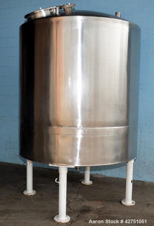 Used Tank, 1000 Gallon, Stainless Steel, Vertical. 66" Diameter x 66" straight side, dished top, coned bottom. Openings top 1-1/2", (2) 2" NPT, (2) 3", 18" man way with cover. 2" Tri-clamp center bot...