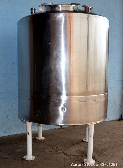 Used Tank, 1000 Gallon, Stainless Steel, Vertical. 66" Diameter x 66" straight side, dished top, coned bottom. Openings top 1-1/2", (2) 2" NPT, (2) 3", 18" man way with cover. 2" Tri-clamp center bot...