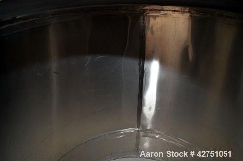 Used Tank, 1000 Gallon, Stainless Steel, Vertical. 66" Diameter x 66" straight side, dished top, coned bottom. Openings top 1-1/2", (2) 2" NPT, (2) 3", 18" man way with cover. 2" Tri-clamp center bot...