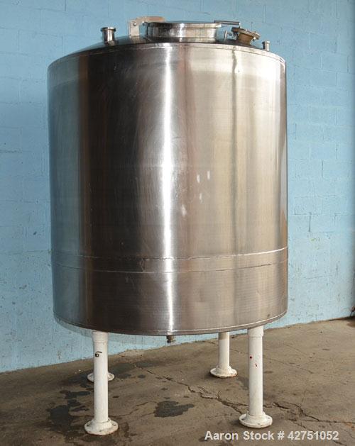 Used Tank, 1000 Gallon, Stainless Steel, Vertical. 66" Diameter x 66" straight side, dished top, coned bottom. Openings top 1-1/2", (2) 2" NPT, (2) 3", 18" man way with cover. 2" Tri-clamp center bot...