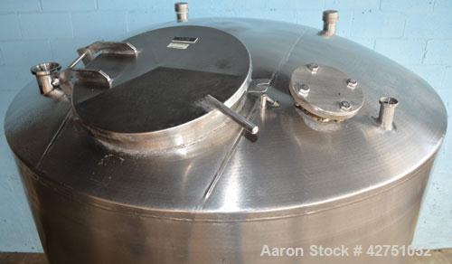 Used Tank, 1000 Gallon, Stainless Steel, Vertical. 66" Diameter x 66" straight side, dished top, coned bottom. Openings top 1-1/2", (2) 2" NPT, (2) 3", 18" man way with cover. 2" Tri-clamp center bot...