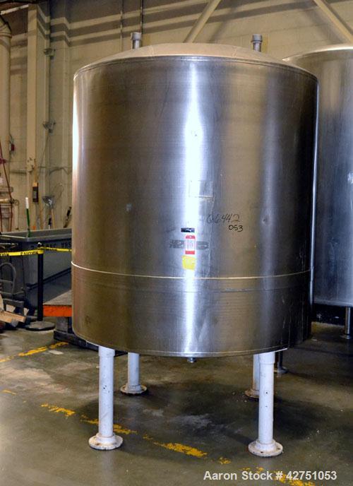 Used Tank, 1000 Gallon, Stainless Steel, Vertical. 66" Diameter x 66" straight side, dished top, coned bottom. Openings top 1-1/2", (2) 2" NPT, (2) 3", 18" man way with cover. 2" Tri-clamp center bot...