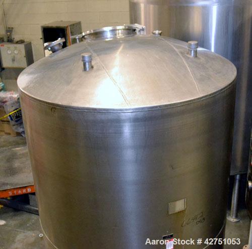 Used Tank, 1000 Gallon, Stainless Steel, Vertical. 66" Diameter x 66" straight side, dished top, coned bottom. Openings top 1-1/2", (2) 2" NPT, (2) 3", 18" man way with cover. 2" Tri-clamp center bot...