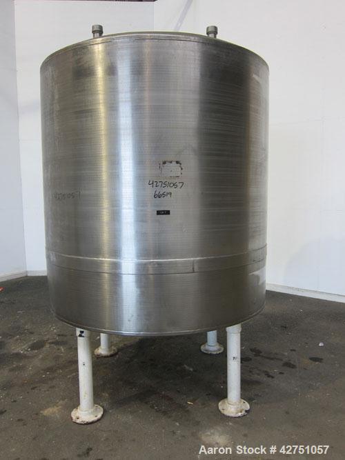 Used Tank, 1000 Gallon, 304 Stainless Steel, Vertical. 66" Diameter x 66" straight side, dished top, coned bottom. Openings top 1-1/2", (2) 2" NPT, (2) 3", 18" man way with cover. 2" Tri-clamp center...