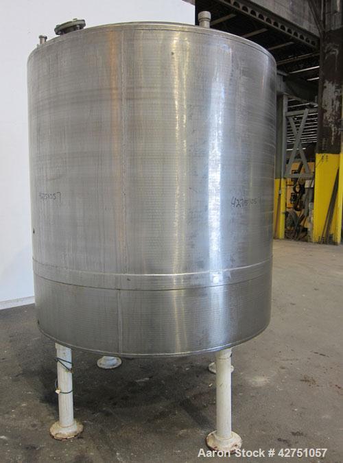 Used Tank, 1000 Gallon, 304 Stainless Steel, Vertical. 66" Diameter x 66" straight side, dished top, coned bottom. Openings top 1-1/2", (2) 2" NPT, (2) 3", 18" man way with cover. 2" Tri-clamp center...
