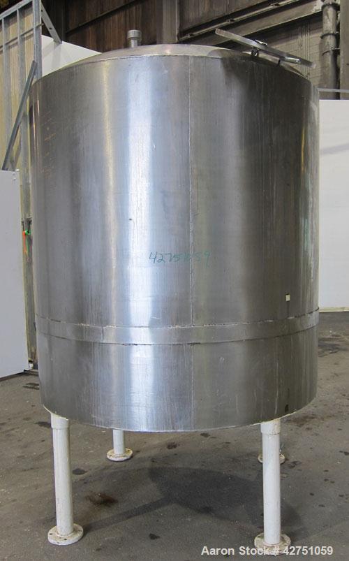 Used Tank, 1000 Gallon, 304 Stainless Steel, Vertical. 66" Diameter x 66" straight side, dished top, coned bottom. Openings top 1-1/2", (2) 2" NPT, (2) 3", 18" man way with cover. 2" Tri-clamp center...