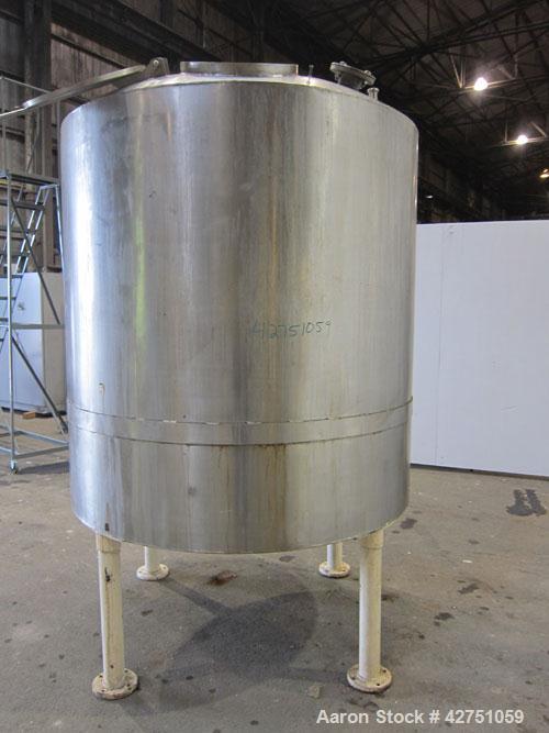 Used Tank, 1000 Gallon, 304 Stainless Steel, Vertical. 66" Diameter x 66" straight side, dished top, coned bottom. Openings top 1-1/2", (2) 2" NPT, (2) 3", 18" man way with cover. 2" Tri-clamp center...