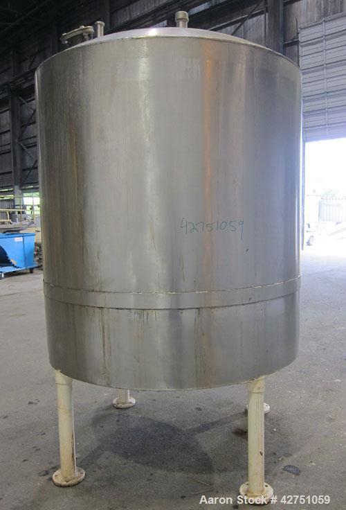 Used Tank, 1000 Gallon, 304 Stainless Steel, Vertical. 66" Diameter x 66" straight side, dished top, coned bottom. Openings top 1-1/2", (2) 2" NPT, (2) 3", 18" man way with cover. 2" Tri-clamp center...