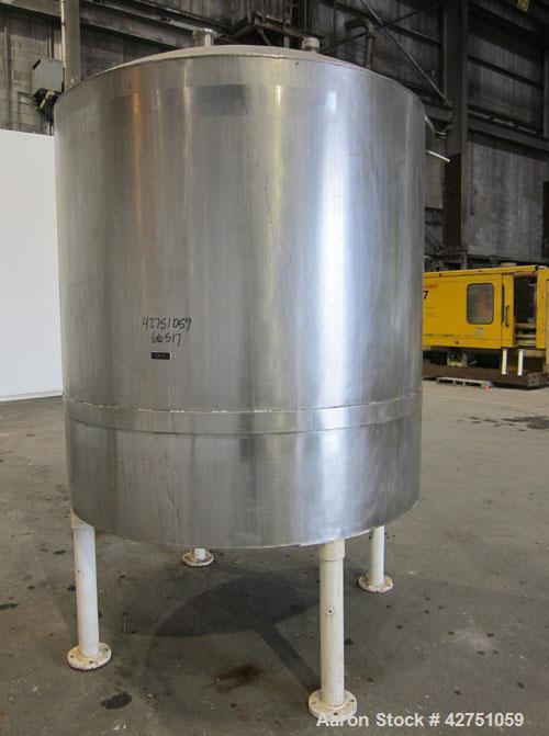 Used Tank, 1000 Gallon, 304 Stainless Steel, Vertical. 66" Diameter x 66" straight side, dished top, coned bottom. Openings top 1-1/2", (2) 2" NPT, (2) 3", 18" man way with cover. 2" Tri-clamp center...
