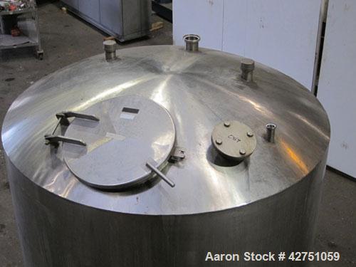 Used Tank, 1000 Gallon, 304 Stainless Steel, Vertical. 66" Diameter x 66" straight side, dished top, coned bottom. Openings top 1-1/2", (2) 2" NPT, (2) 3", 18" man way with cover. 2" Tri-clamp center...