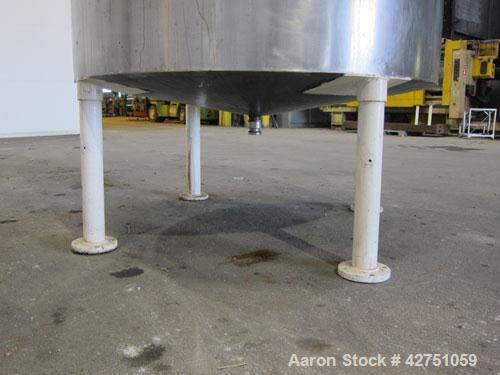 Used Tank, 1000 Gallon, 304 Stainless Steel, Vertical. 66" Diameter x 66" straight side, dished top, coned bottom. Openings top 1-1/2", (2) 2" NPT, (2) 3", 18" man way with cover. 2" Tri-clamp center...