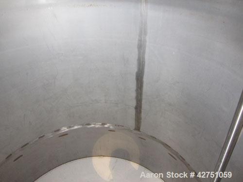 Used Tank, 1000 Gallon, 304 Stainless Steel, Vertical. 66" Diameter x 66" straight side, dished top, coned bottom. Openings top 1-1/2", (2) 2" NPT, (2) 3", 18" man way with cover. 2" Tri-clamp center...