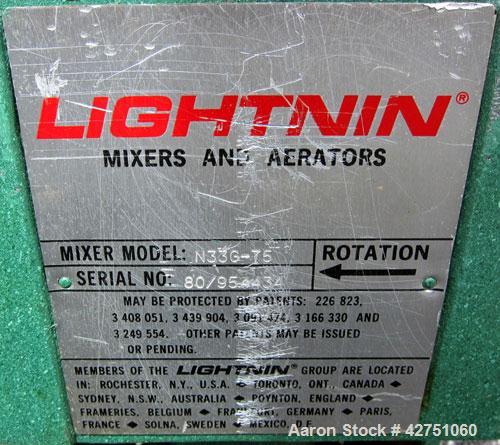 Used Tank, 1000 Gallon, 304 Stainless Steel, Vertical. 66" Diameter x 66" straight side, dished top, coned bottom. Off center top entering Lightnin agitator, model N33G-75, 1-1/2" diameter shaft with...