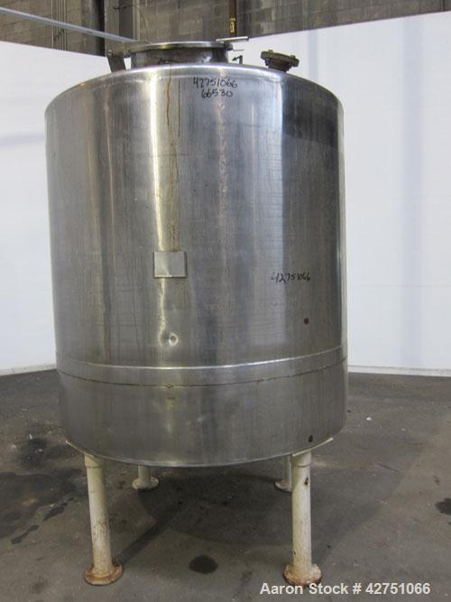 Used- Tank, 1000 Gallon, 304 Stainless Steel, Vertical. 66" Diameter x 66" straight side, dished top, coned bottom. Openings...