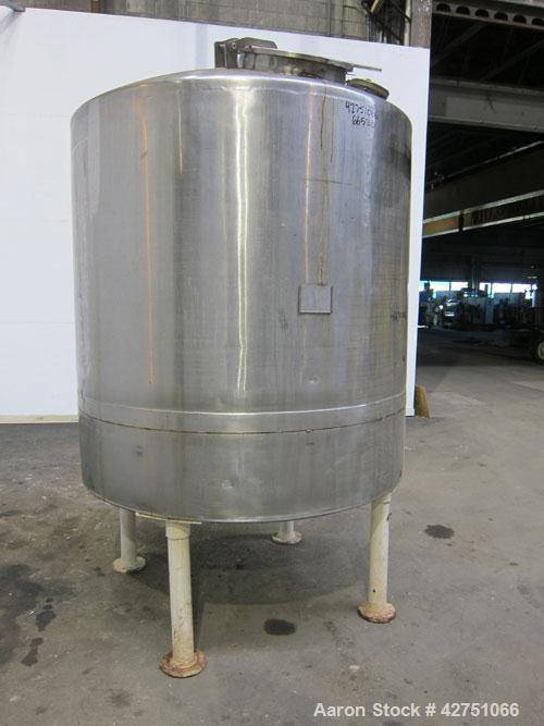 Used- Tank, 1000 Gallon, 304 Stainless Steel, Vertical. 66" Diameter x 66" straight side, dished top, coned bottom. Openings...