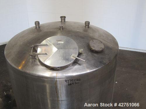 Used Tank, 1000 Gallon, 304 Stainless Steel, Vertical. 66" Diameter x 66" straight side, dished top, coned bottom. Openings top 1-1/2", (2) 2" NPT, (2) 3", 18" man way with cover. 2" Tri-clamp center...