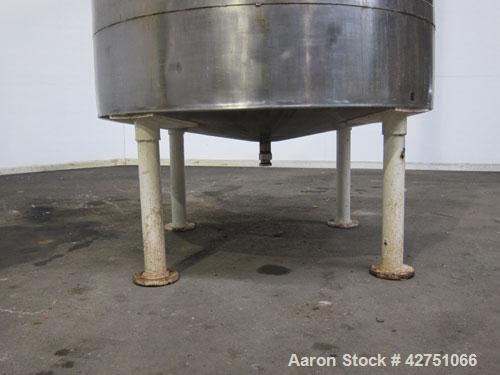 Used Tank, 1000 Gallon, 304 Stainless Steel, Vertical. 66" Diameter x 66" straight side, dished top, coned bottom. Openings top 1-1/2", (2) 2" NPT, (2) 3", 18" man way with cover. 2" Tri-clamp center...