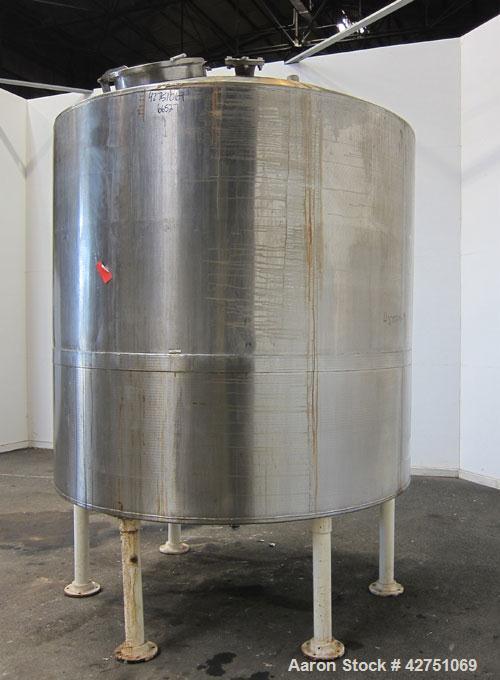 Used Tank, 2000 Gallon, 304 Stainless Steel, Vertical. 84" Diameter x 84" straight side. Dished top, coned bottom. Openings top 1-1/2" tri-clamp, 3", (2) 2" NPT, 6", 18" man way with cover. 2" Thread...