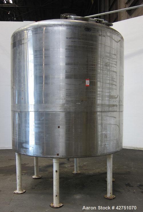 Used Tank, 2000 Gallon, 304 Stainless Steel, Vertical. 84" Diameter x 84" straight side. Dished top, coned bottom. Openings top 1-1/2" tri-clamp, 3", (2) 2" NPT, 6", 18" man way with cover. 2" Thread...