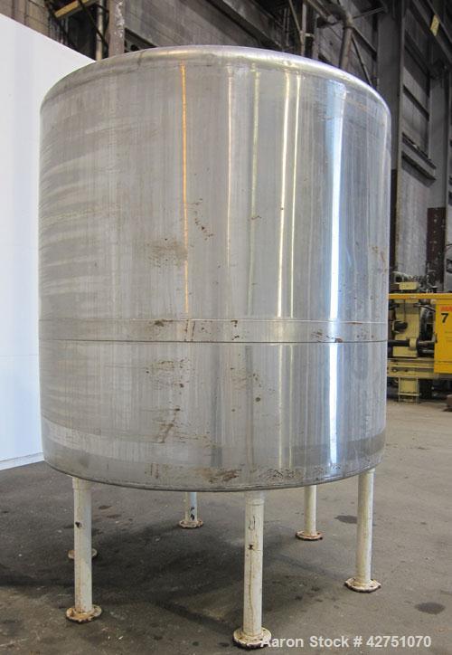 Used Tank, 2000 Gallon, 304 Stainless Steel, Vertical. 84" Diameter x 84" straight side. Dished top, coned bottom. Openings top 1-1/2" tri-clamp, 3", (2) 2" NPT, 6", 18" man way with cover. 2" Thread...