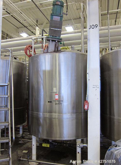 Used- Tank, 1000 Gallon, Stainless Steel, Vertical. 66" Diameter x 66" straight side, dished top, coned bottom. Off center t...
