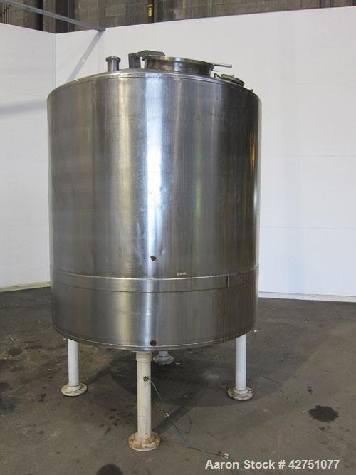 Used Tank, 1000 Gallon, 304 Stainless Steel, Vertical. 66" Diameter x 66" straight side, dished top, coned bottom. Openings top 1-1/2", (2) 2" NPT, (2) 3", 18" man way with cover. 2" Tri-clamp center...