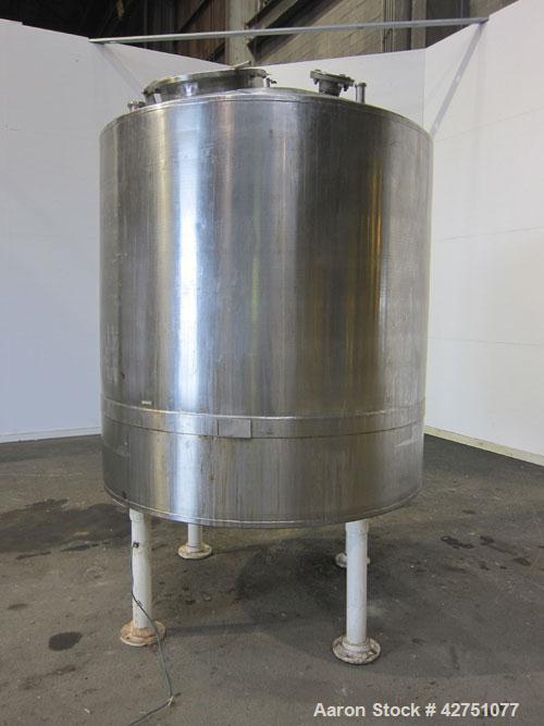 Used Tank, 1000 Gallon, 304 Stainless Steel, Vertical. 66" Diameter x 66" straight side, dished top, coned bottom. Openings top 1-1/2", (2) 2" NPT, (2) 3", 18" man way with cover. 2" Tri-clamp center...