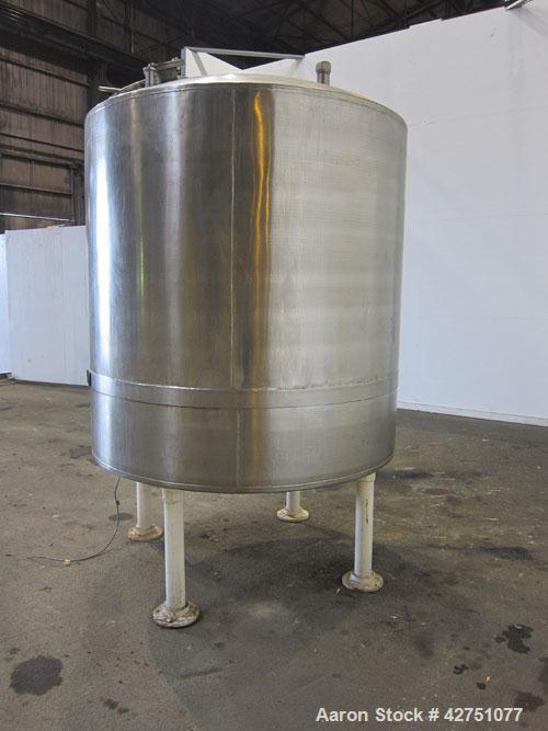 Used Tank, 1000 Gallon, 304 Stainless Steel, Vertical. 66" Diameter x 66" straight side, dished top, coned bottom. Openings top 1-1/2", (2) 2" NPT, (2) 3", 18" man way with cover. 2" Tri-clamp center...
