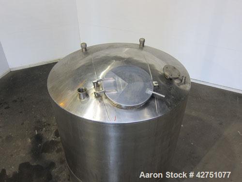 Used Tank, 1000 Gallon, 304 Stainless Steel, Vertical. 66" Diameter x 66" straight side, dished top, coned bottom. Openings top 1-1/2", (2) 2" NPT, (2) 3", 18" man way with cover. 2" Tri-clamp center...