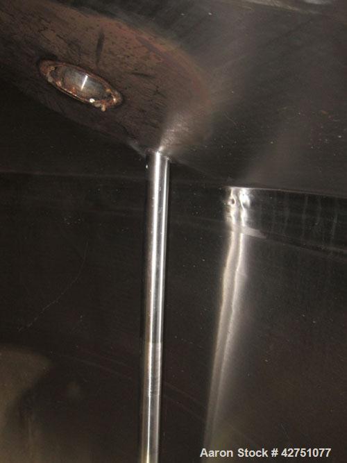 Used Tank, 1000 Gallon, 304 Stainless Steel, Vertical. 66" Diameter x 66" straight side, dished top, coned bottom. Openings top 1-1/2", (2) 2" NPT, (2) 3", 18" man way with cover. 2" Tri-clamp center...