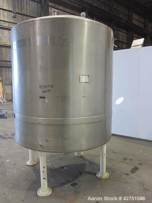 Used Tank, 1000 Gallon, 304 Stainless Steel, Vertical. 66" Diameter x 66" straight side, dished top, coned bottom. Openings top 1-1/2", (2) 2" NPT, (2) 3", 18" man way with cover. 2" Tri-clamp center...