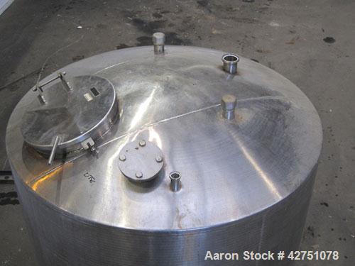 Used Tank, 1000 Gallon, 304 Stainless Steel, Vertical. 66" Diameter x 66" straight side, dished top, coned bottom. Openings top 1-1/2", (2) 2" NPT, (2) 3", 18" man way with cover. 2" Tri-clamp center...