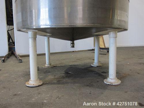 Used Tank, 1000 Gallon, 304 Stainless Steel, Vertical. 66" Diameter x 66" straight side, dished top, coned bottom. Openings top 1-1/2", (2) 2" NPT, (2) 3", 18" man way with cover. 2" Tri-clamp center...
