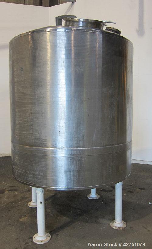 Used Tank, 1000 Gallon, 304 Stainless Steel, Vertical. 66" Diameter x 66" straight side, dished top, coned bottom. Openings top 1-1/2", (2) 2" NPT, (2) 3", 18" man way with cover. 2" Tri-clamp center...