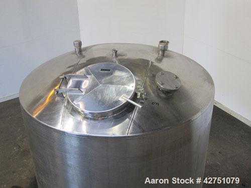 Used Tank, 1000 Gallon, 304 Stainless Steel, Vertical. 66" Diameter x 66" straight side, dished top, coned bottom. Openings top 1-1/2", (2) 2" NPT, (2) 3", 18" man way with cover. 2" Tri-clamp center...