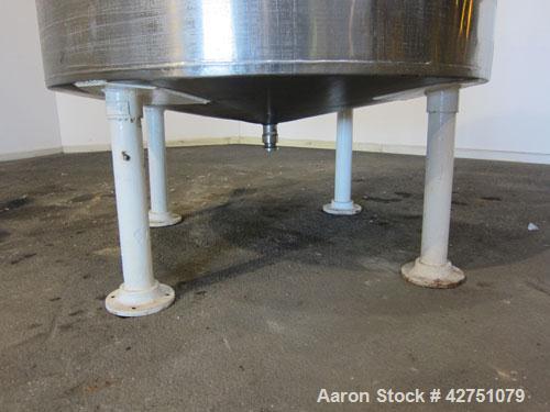 Used Tank, 1000 Gallon, 304 Stainless Steel, Vertical. 66" Diameter x 66" straight side, dished top, coned bottom. Openings top 1-1/2", (2) 2" NPT, (2) 3", 18" man way with cover. 2" Tri-clamp center...
